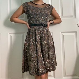 black polka-dot formal midi dress